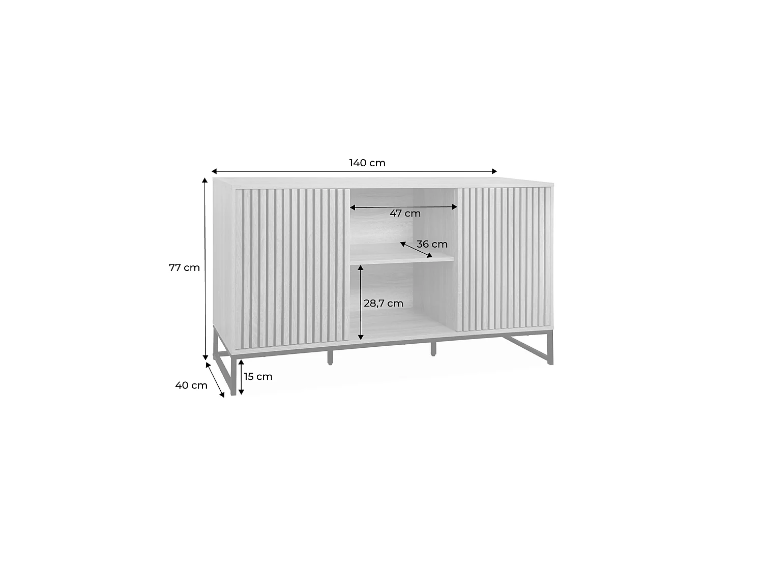 Buffet style contemporain avec 2 portes effet bois rainuré ouverture par pression. buffet bas. piètement en métal noir  L140cm