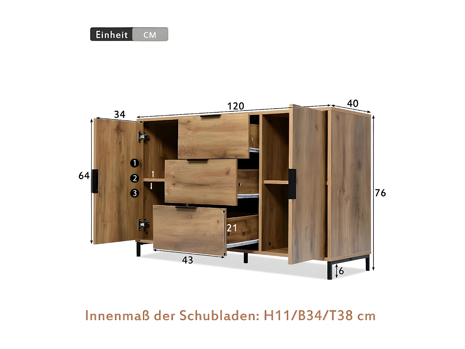 Dressoir met 2 deuren en 3 laden, 120 x 40 x 76 cm, donker eiken
