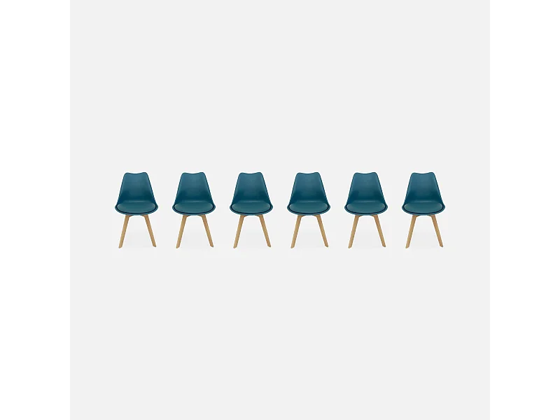 Silla escandinava con patas de madera de haya, set de 6 azul
