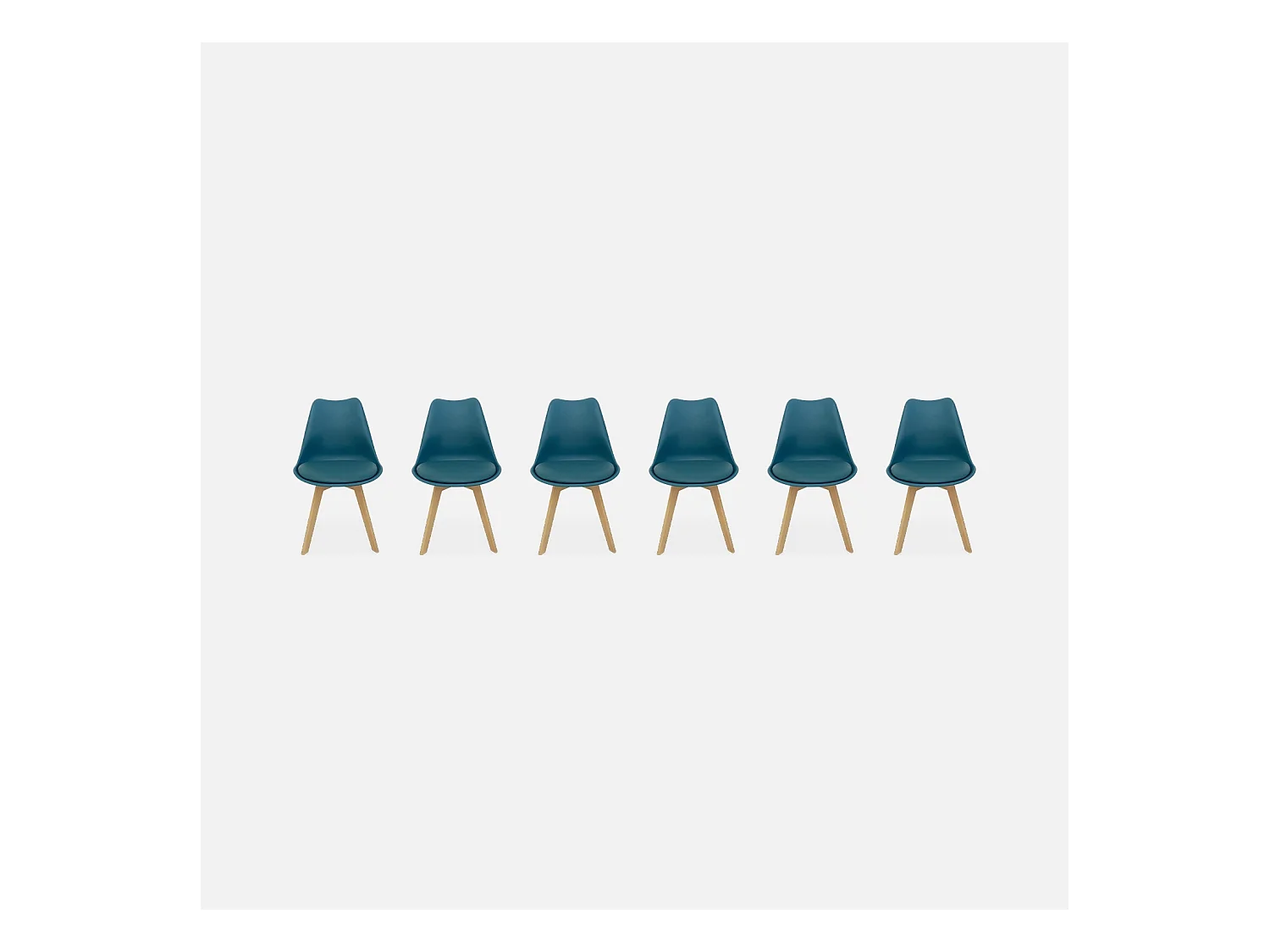 Lot de 6 chaises scandinaves. pieds bois de hêtre. chaises 1 place. bleu canard
