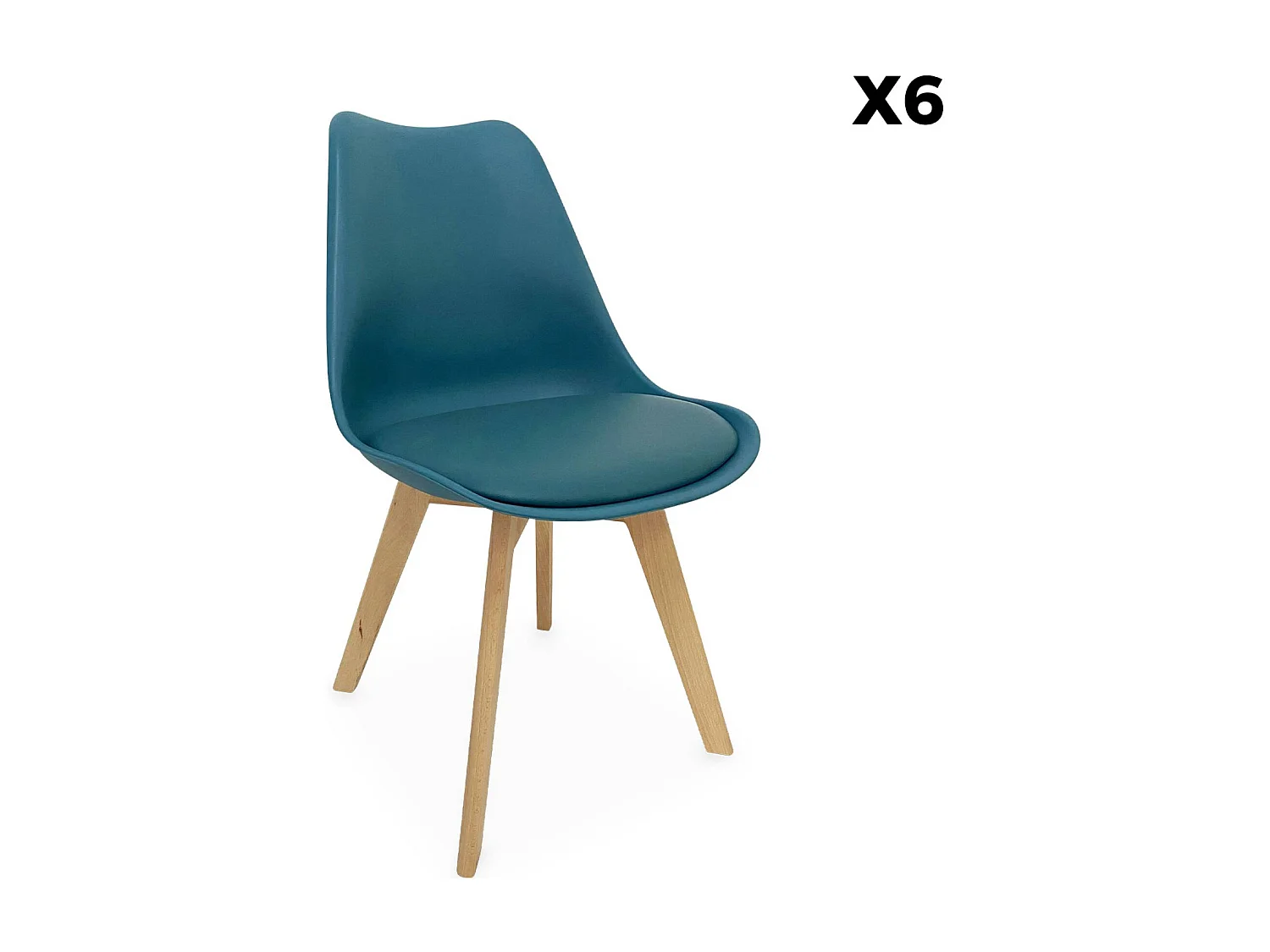 Lot de 6 chaises scandinaves. pieds bois de hêtre. chaises 1 place. bleu canard