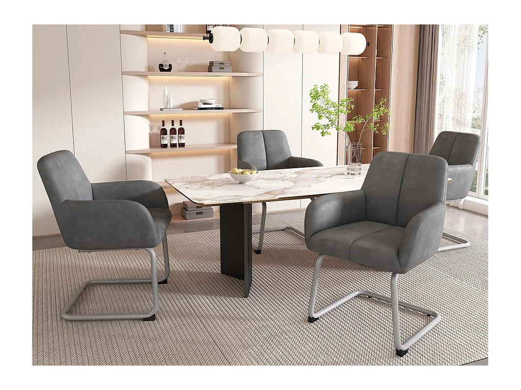 Lot de 4 Chaises cantilever recouvertes de similicuir - avec pieds en métal - Gris