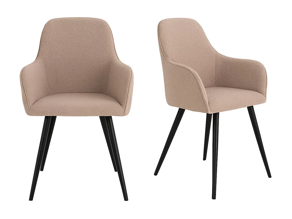 Lot de 2 chaises de salle à manger KARU – Tissu bouclette et pieds métal noir-Beige clair