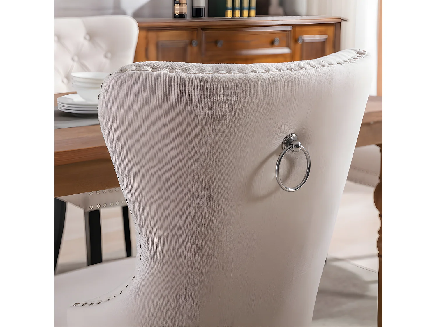 Lot de 6 Chaises scandinaves - tissu en lin - avec pieds en chêne - Beige