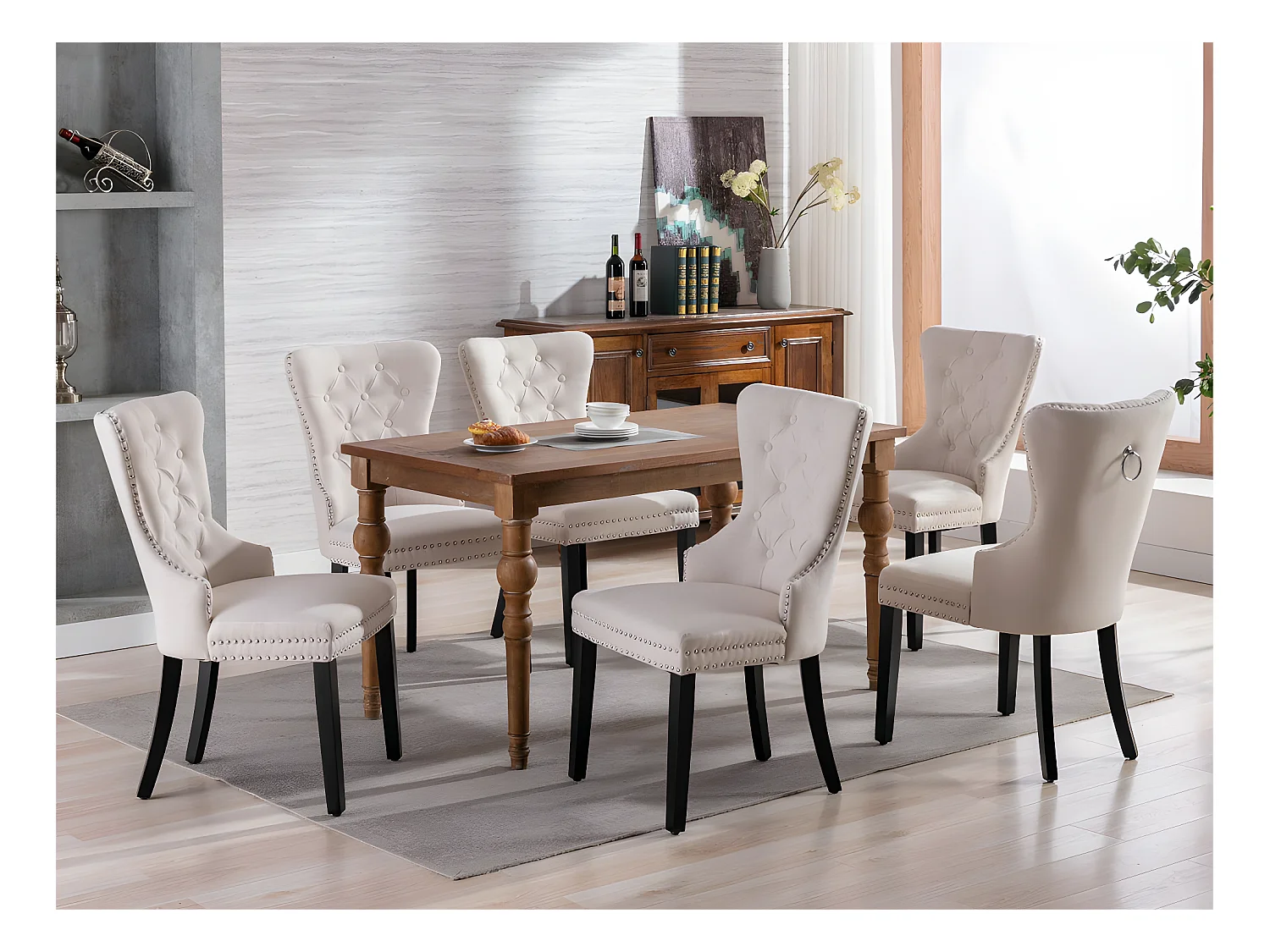 Set van 6 Scandinavische stoelen - linnen stof - met eikenhouten poten - Beige