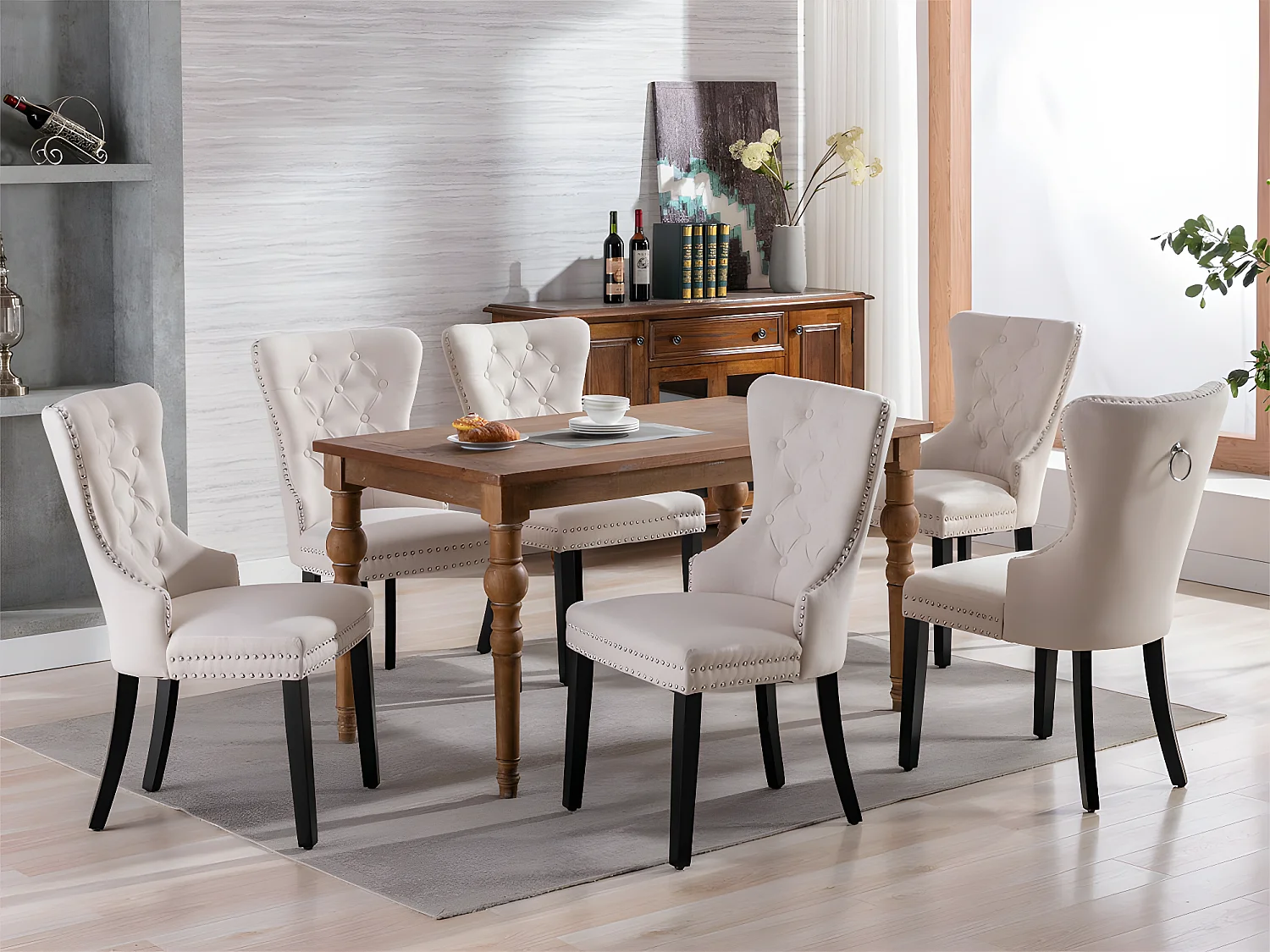 Lot de 6 Chaises scandinaves - tissu en lin - avec pieds en chêne - Beige