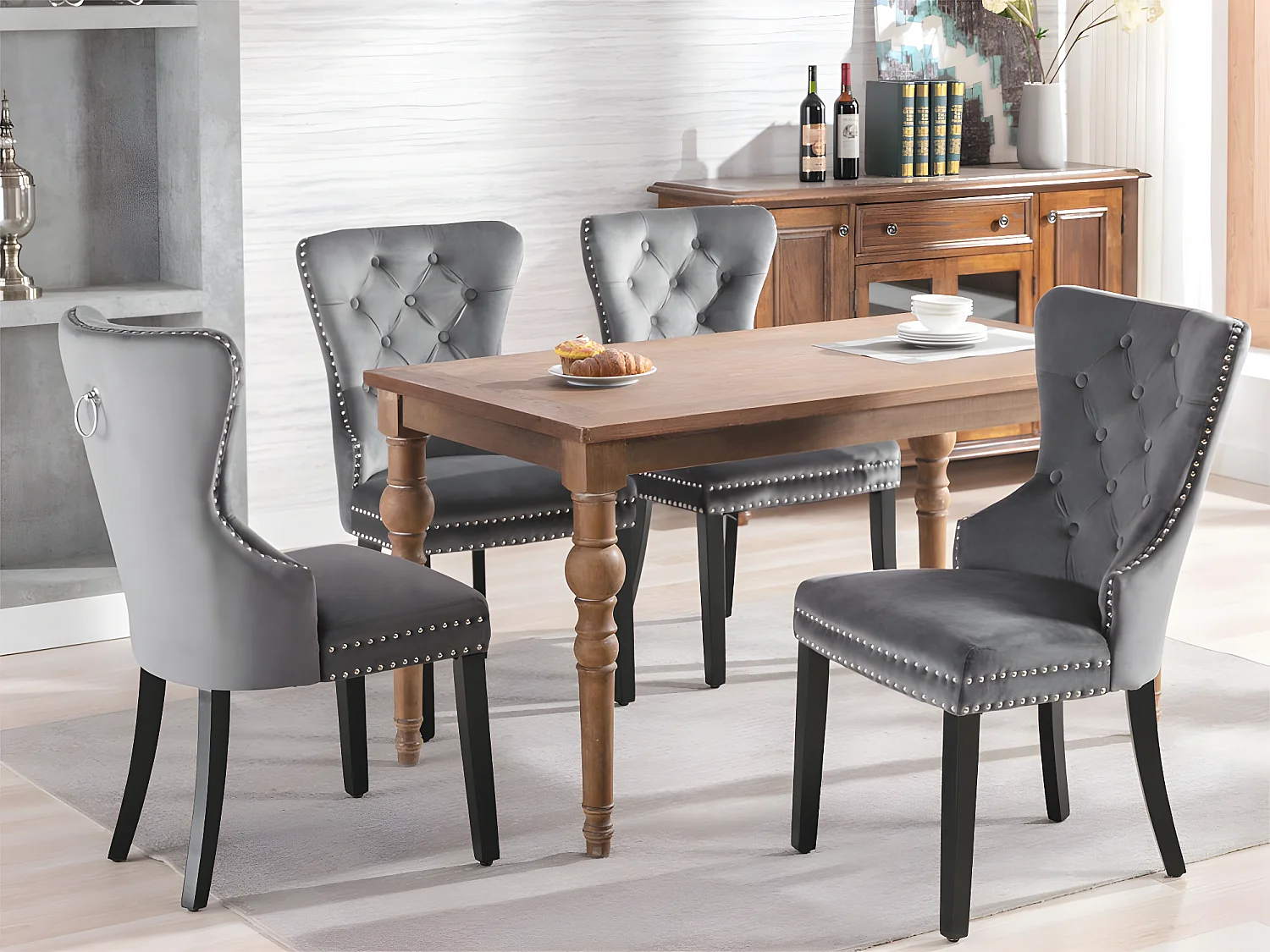 Lot de 4 Chaises scandinaves - tissu en velours - avec pieds en chêne - Gris