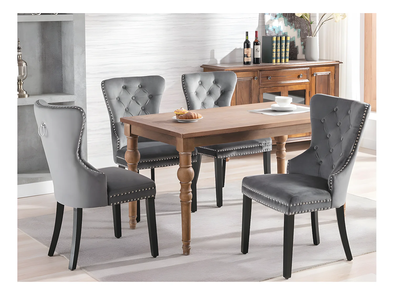 Lot de 4 Chaises scandinaves - tissu en velours - avec pieds en chêne - Gris