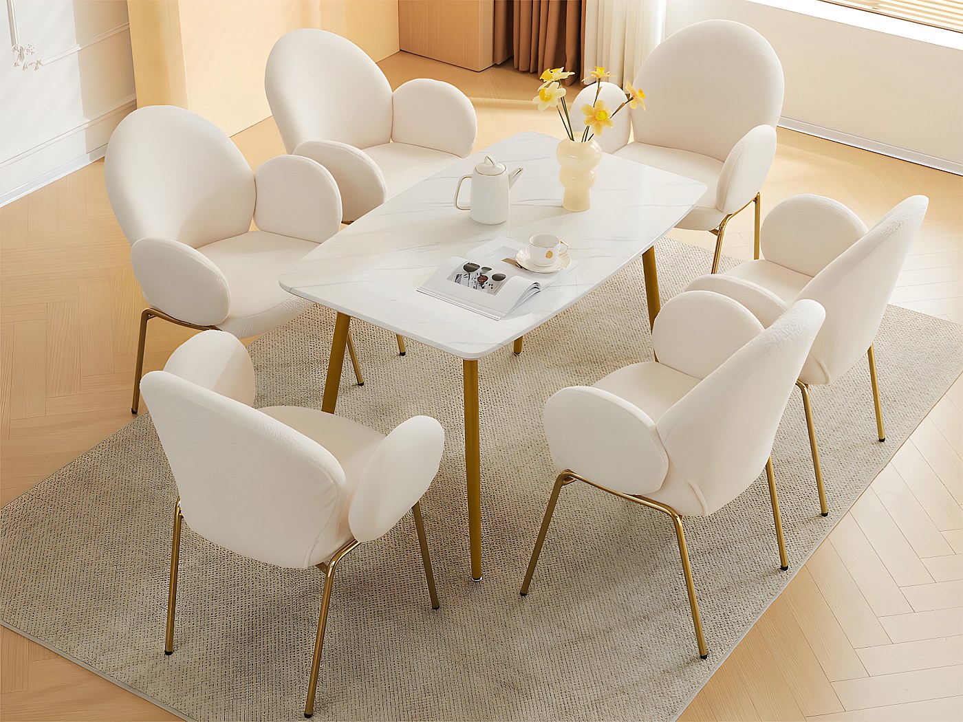 Set Di 6 Sedie Da Pranzo In Tessuto Teddy - Schienale Curvo Imbottito, Seduta Spessa 10 Cm, Gambe In Metallo Nero - Design Moderno Per Cucina E Soggiorno - 5