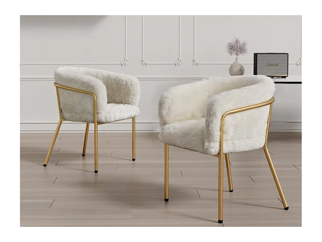 Lot de 2 Chaises longues pour salle à manger，salon ou chambre - en simili duvet de lapin - avec 4 pieds dorés en métal - Beige