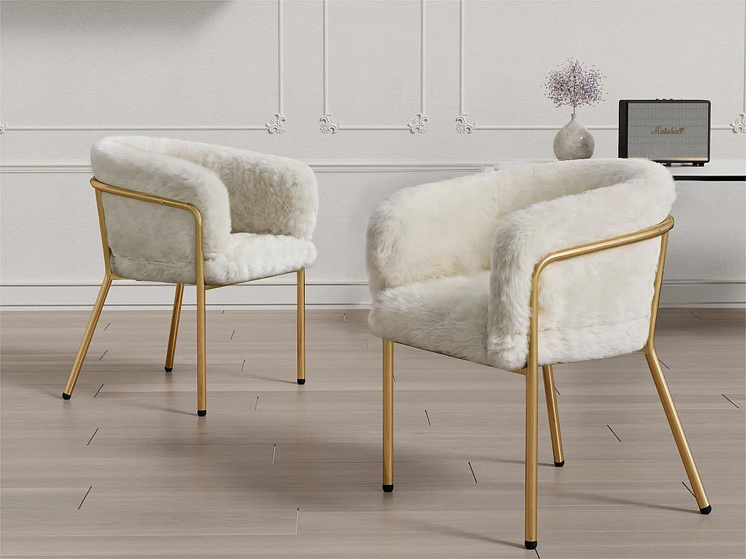 Lot de 2 Chaises longues pour salle à manger，salon ou chambre - en simili duvet de lapin - avec 4 pieds dorés en métal - Beige