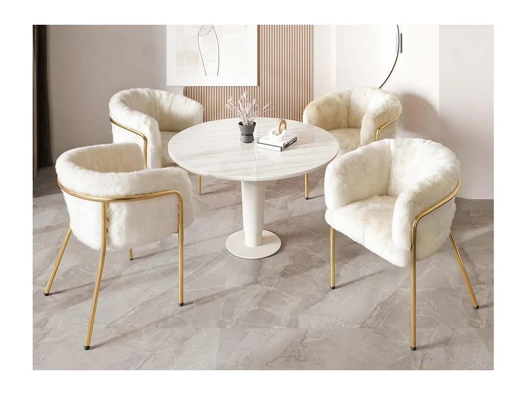 Lot de 4 Chaises longues pour salle à manger，salon ou chambre - en simili duvet de lapin - avec 4 pieds dorés en métal - Beige