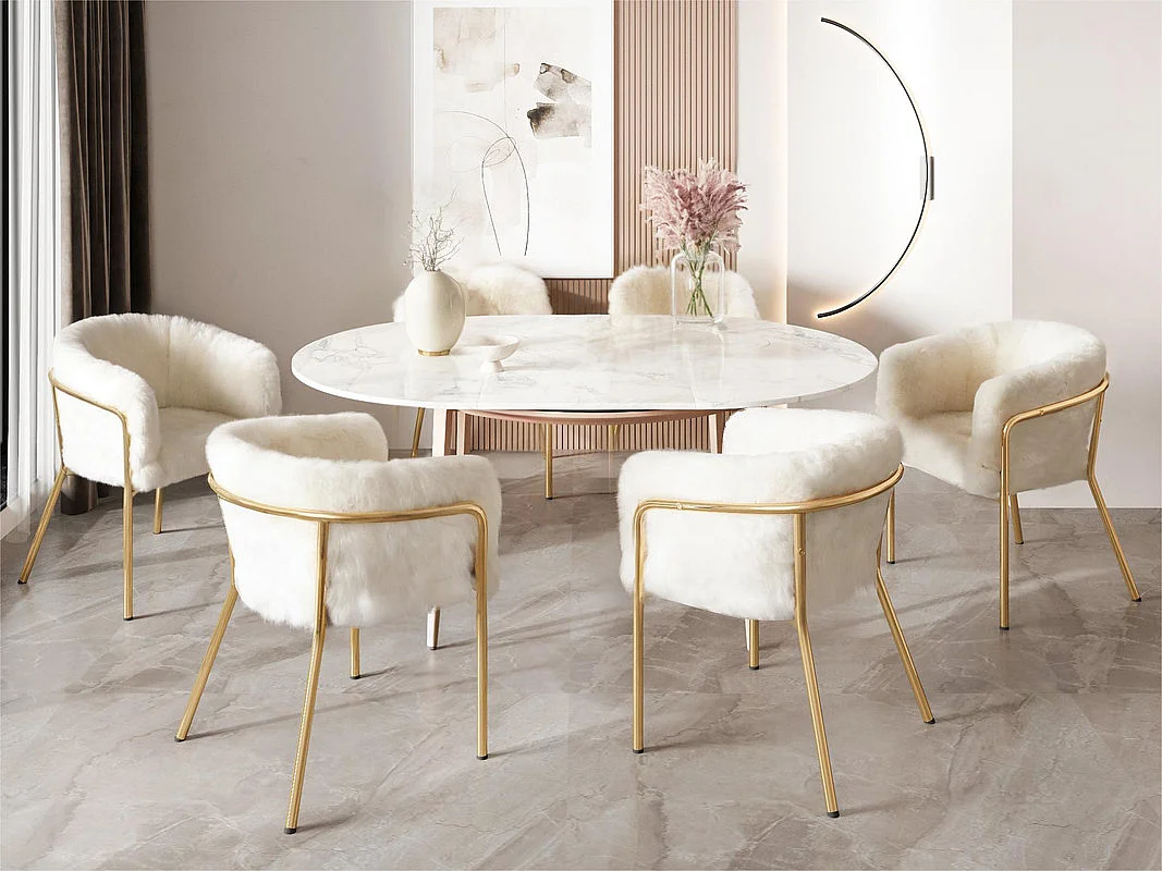 Set mit 6 Loungesesseln für Esszimmer, Wohnzimmer oder Schlafzimmer – aus Kaninchendaunenimitat – mit 4 goldfarbenen Metallbeinen – Beige