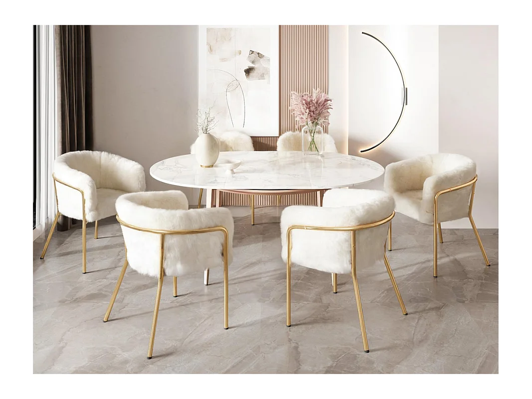 Lot de 6 Chaises longues pour salle à manger，salon ou chambre - en simili duvet de lapin - avec 4 pieds dorés en métal - Beige