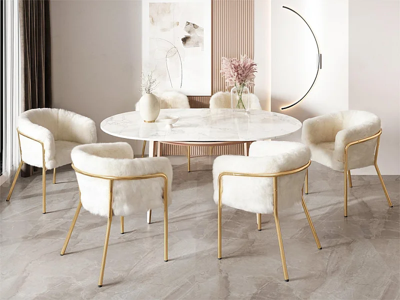 Set van 6 Lounge stoelen voor eetkamer, woonkamer of slaapkamer - in imitatie konijnendons - met 4 goud metalen poten - Beige