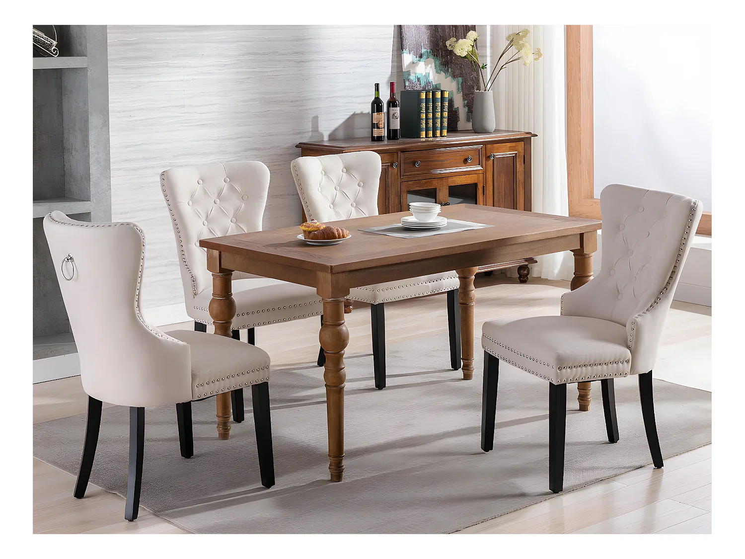 Lot de 4 Chaises scandinaves - tissu en lin - avec pieds en chêne - Beige