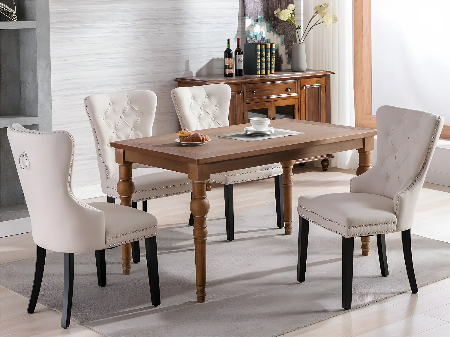 Lot de 4 Chaises scandinaves - tissu en lin - avec pieds en chêne - Beige