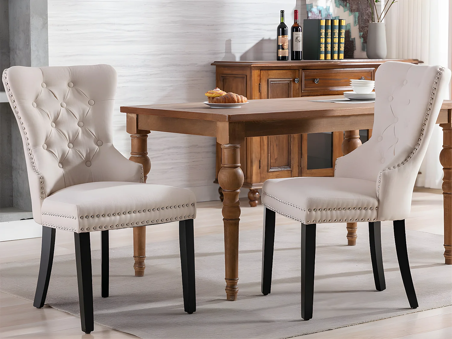 Lot de 2 Chaises scandinaves - tissu en lin - avec pieds en chêne - Beige