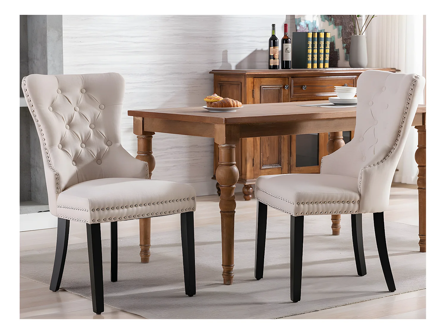 Lot de 2 Chaises scandinaves - tissu en lin - avec pieds en chêne - Beige