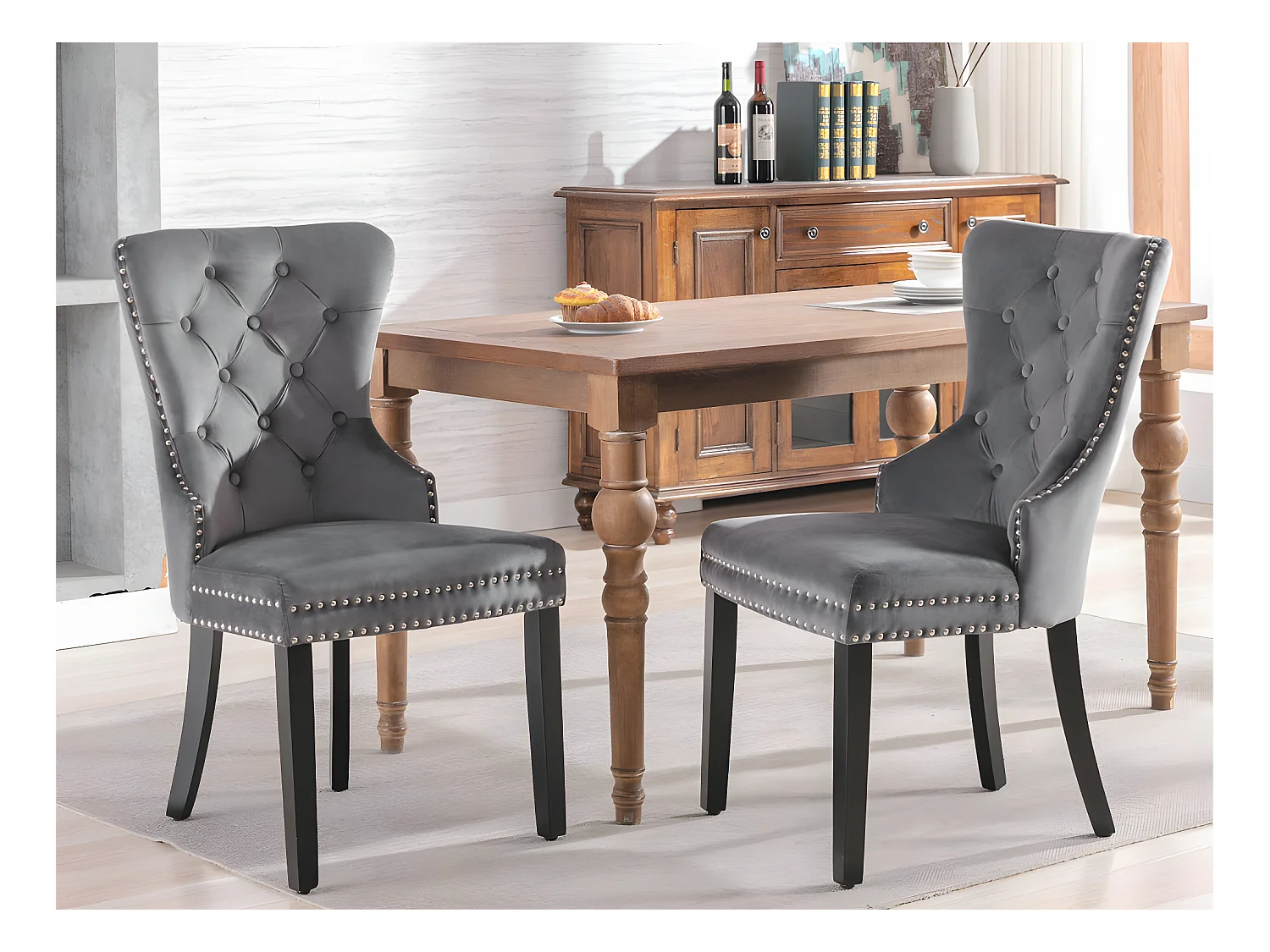 Lot de 2 Chaises scandinaves - tissu en velours - avec pieds en chêne - Gris