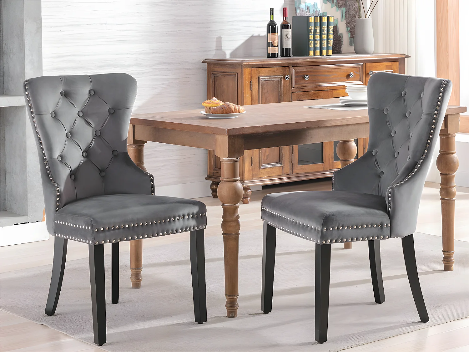 Lot de 2 Chaises scandinaves - tissu en velours - avec pieds en chêne - Gris