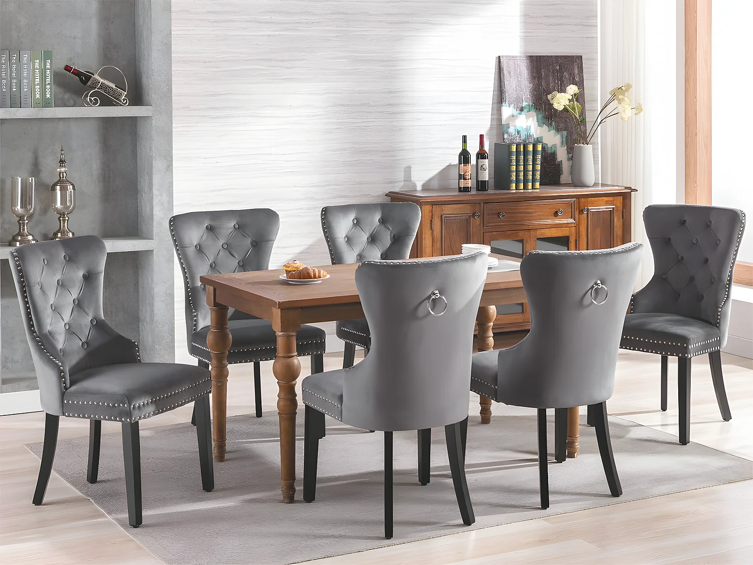 Lot de 6 Chaises scandinaves - tissu en velours - avec pieds en chêne - Gris