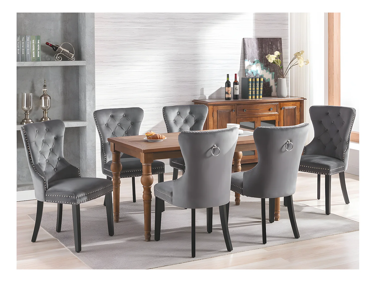 Lot de 6 Chaises scandinaves - tissu en velours - avec pieds en chêne - Gris