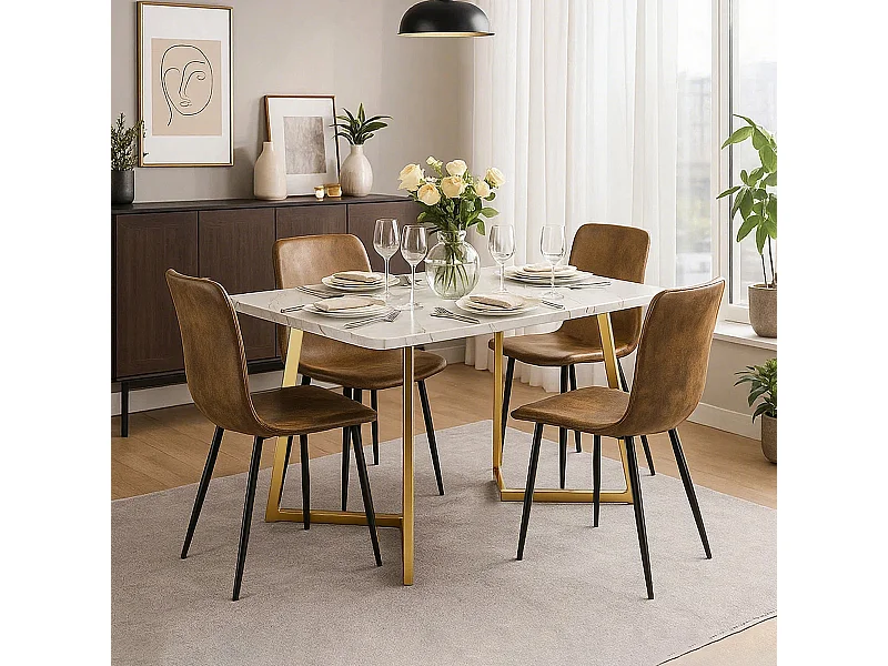 URBAN MEUBLE Table salle à manger rectangulaire en motif marbre moderne avec pieds en métal doré/blanc