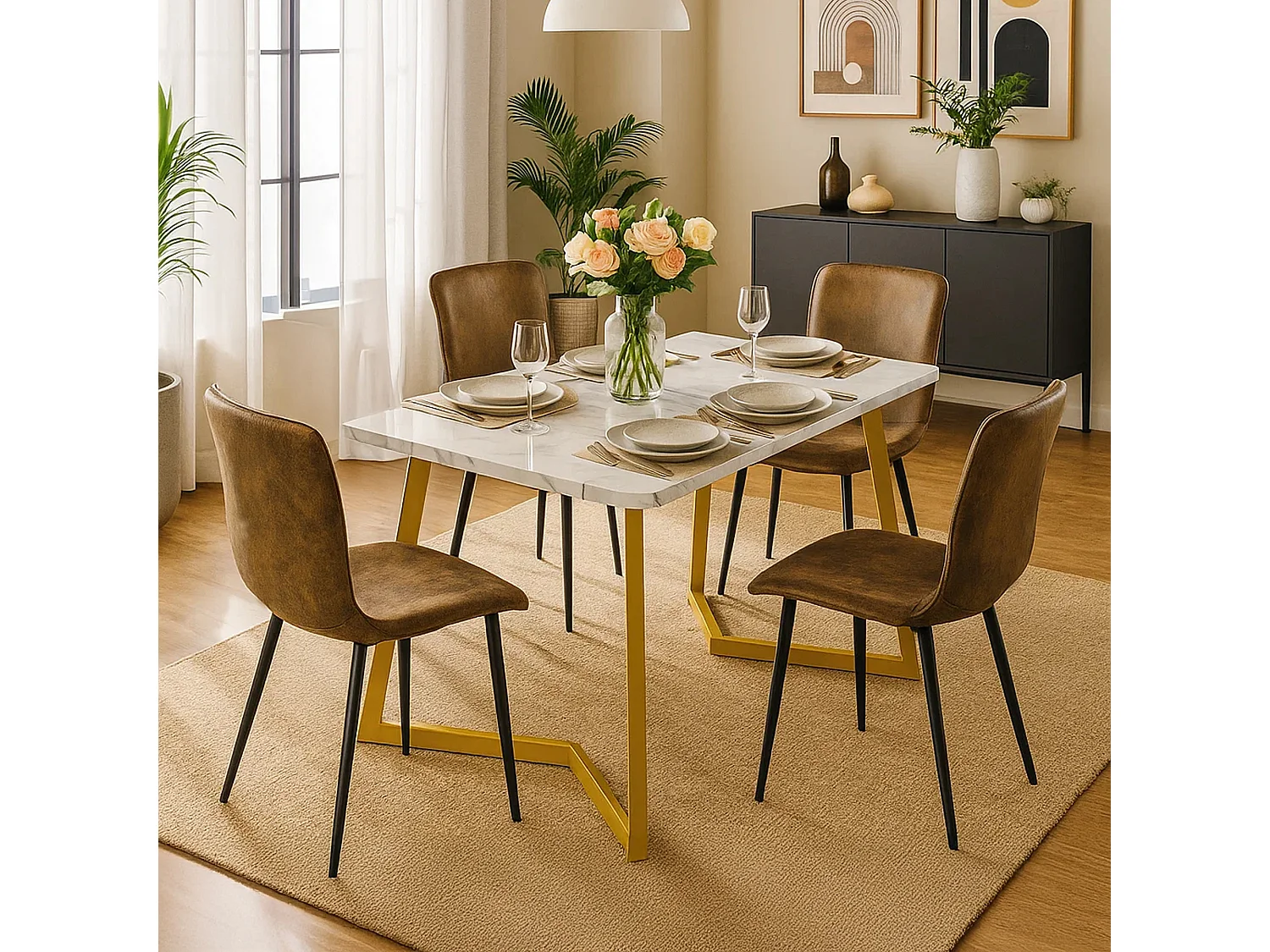 URBAN MEUBLE Table salle à manger rectangulaire en motif marbre moderne avec pieds en métal doré/blanc