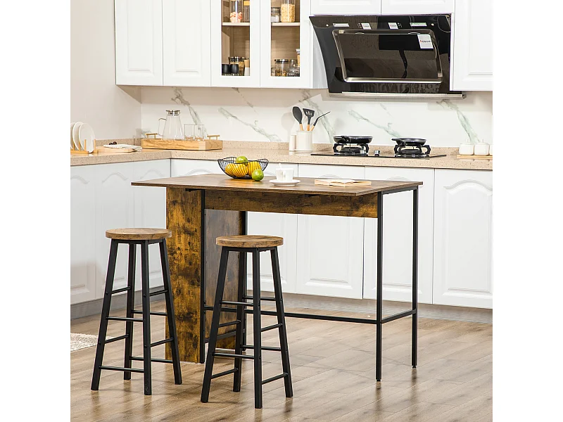 Table de bar extensible design industriel - 3 étagères intégrées - châssis métal noir aspect bois vieilli