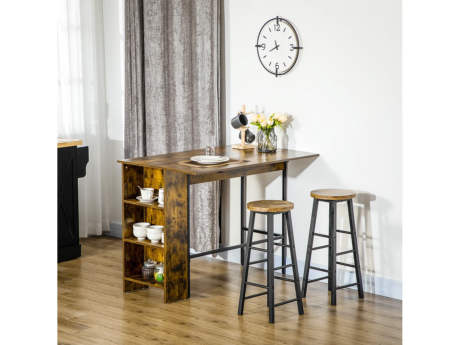 Table de bar extensible design industriel - 3 étagères intégrées - châssis métal noir aspect bois vieilli