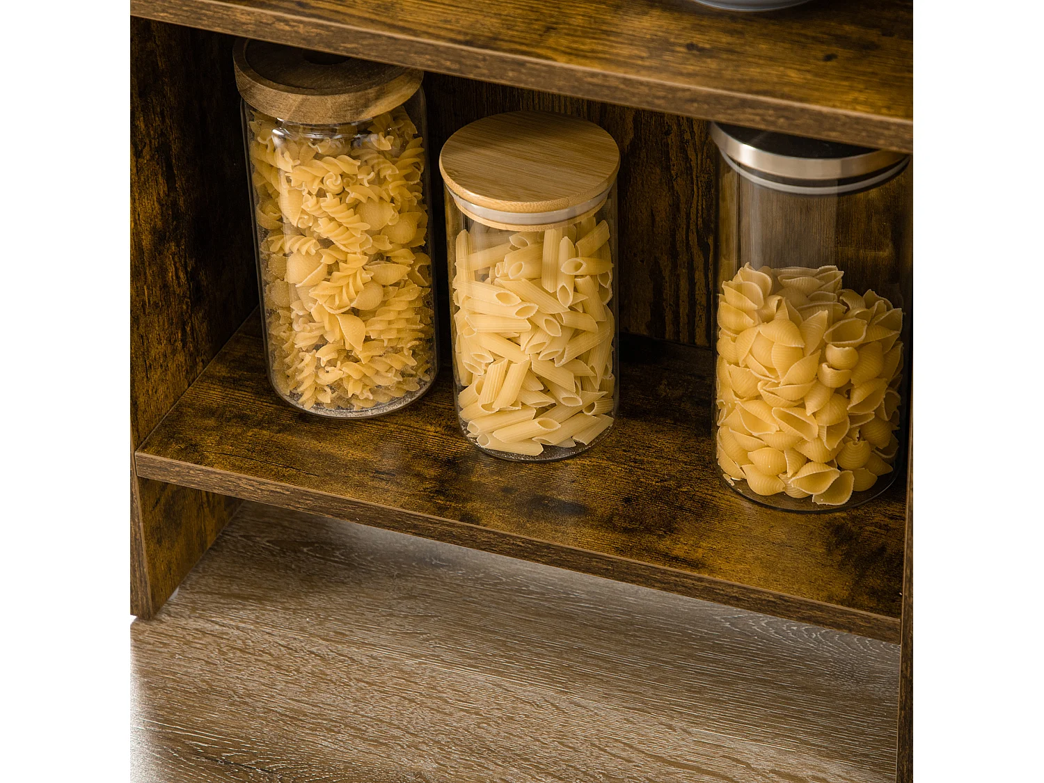 Table de bar extensible design industriel - 3 étagères intégrées - châssis métal noir aspect bois vieilli