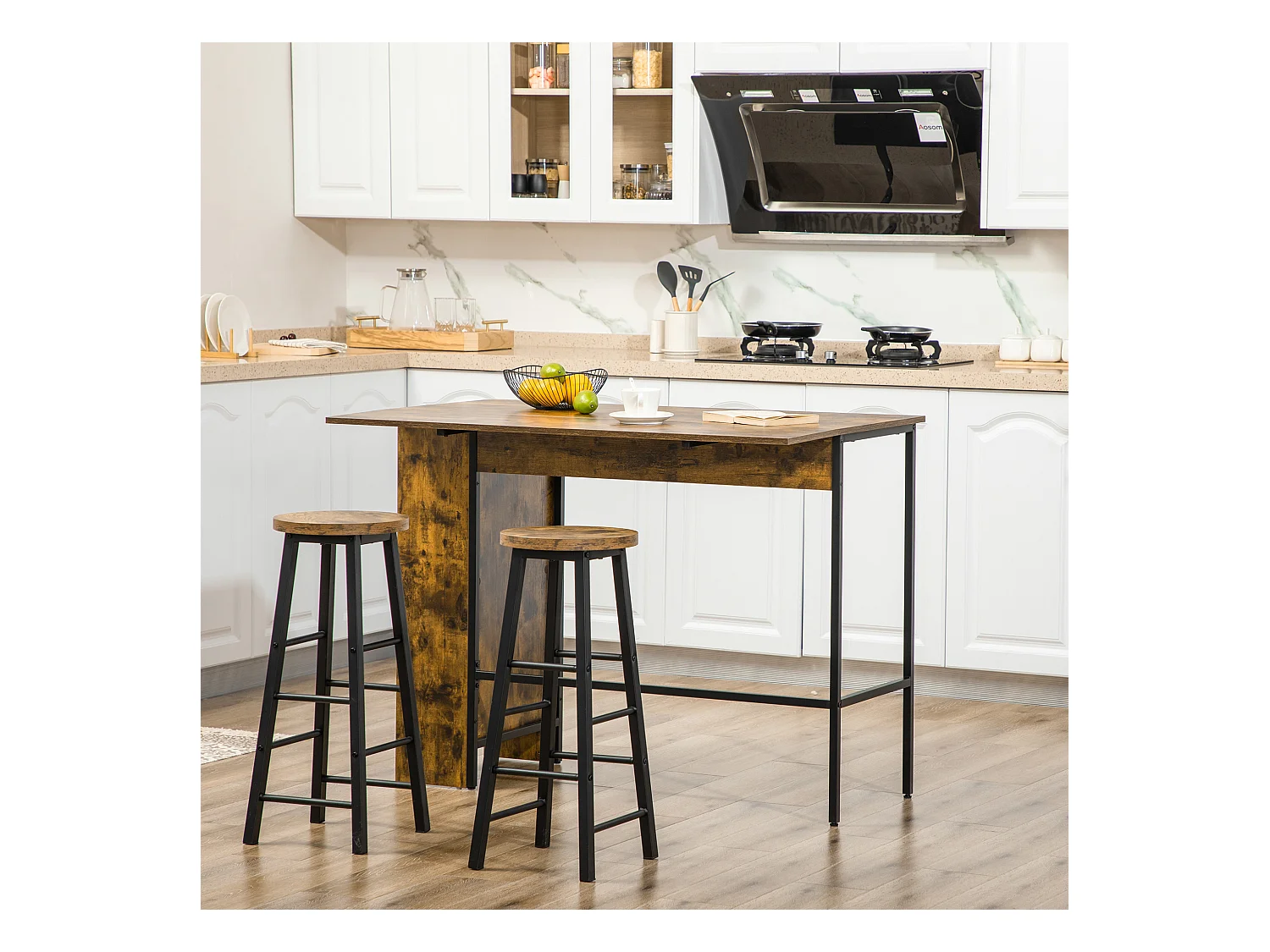 Table de bar extensible design industriel - 3 étagères intégrées - châssis métal noir aspect bois vieilli