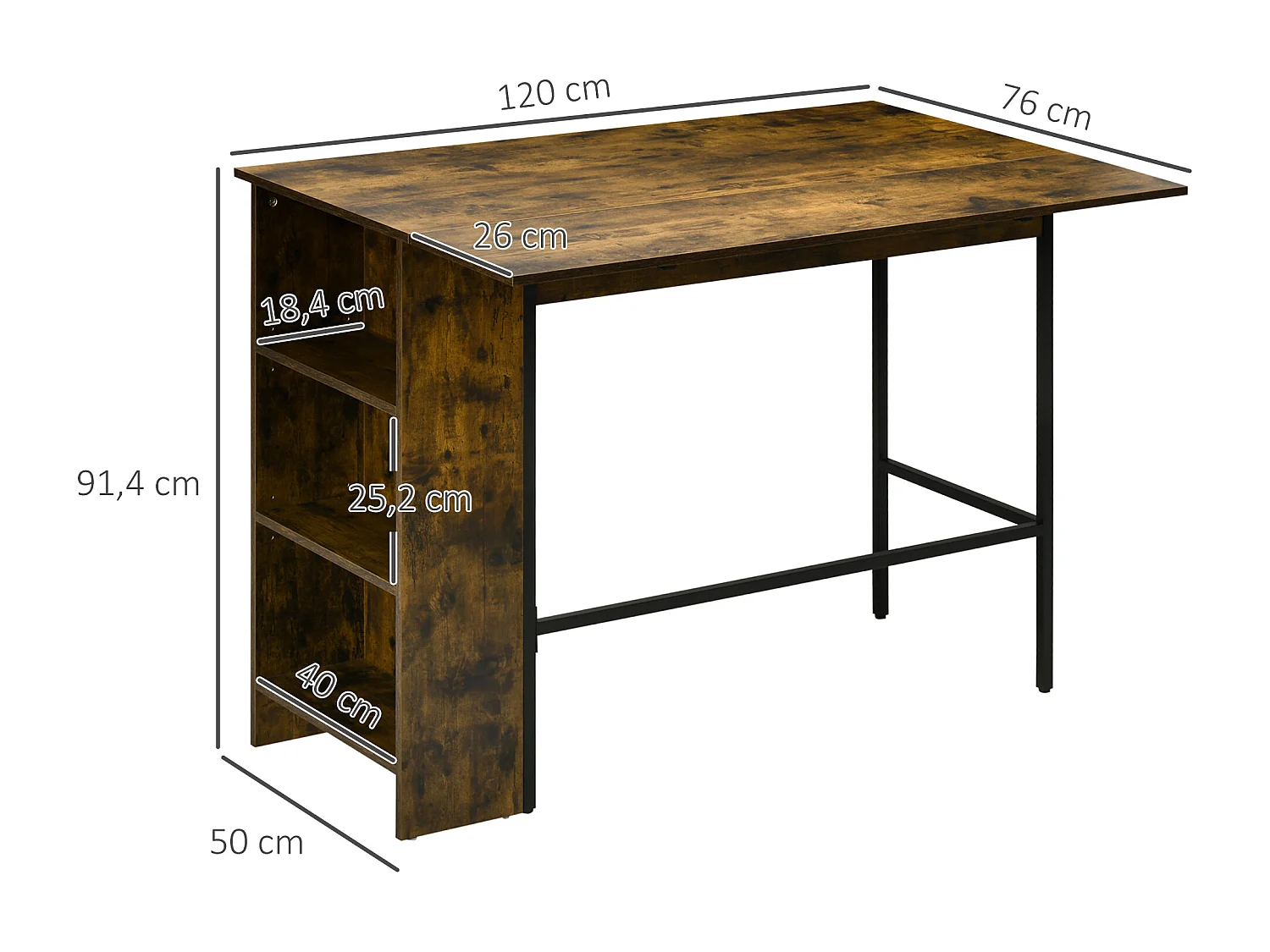 Table de bar extensible design industriel - 3 étagères intégrées - châssis métal noir aspect bois vieilli
