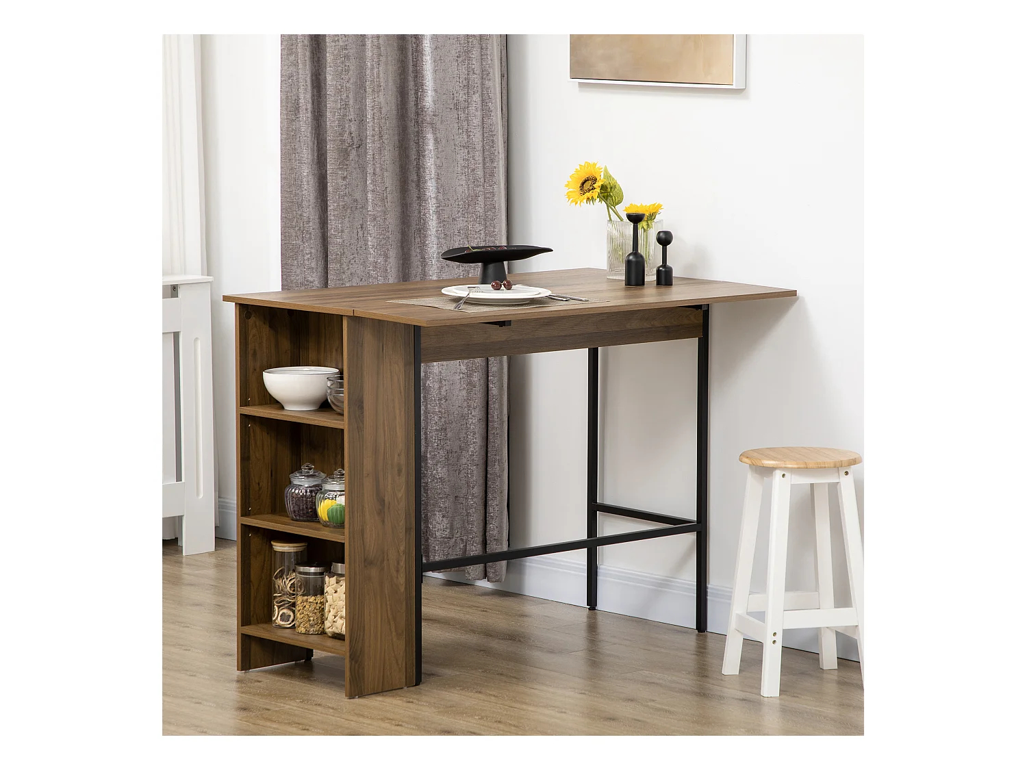 Table de bar extensible design industriel - 3 étagères intégrées - châssis métal noir aspect bois de noyer