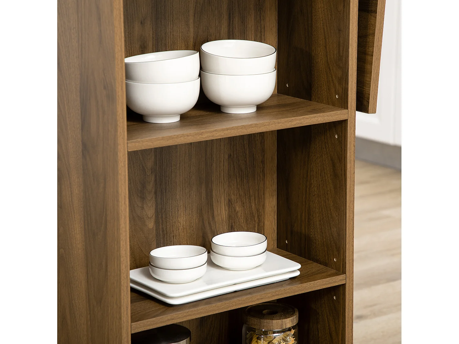 Table de bar extensible design industriel - 3 étagères intégrées - châssis métal noir aspect bois de noyer