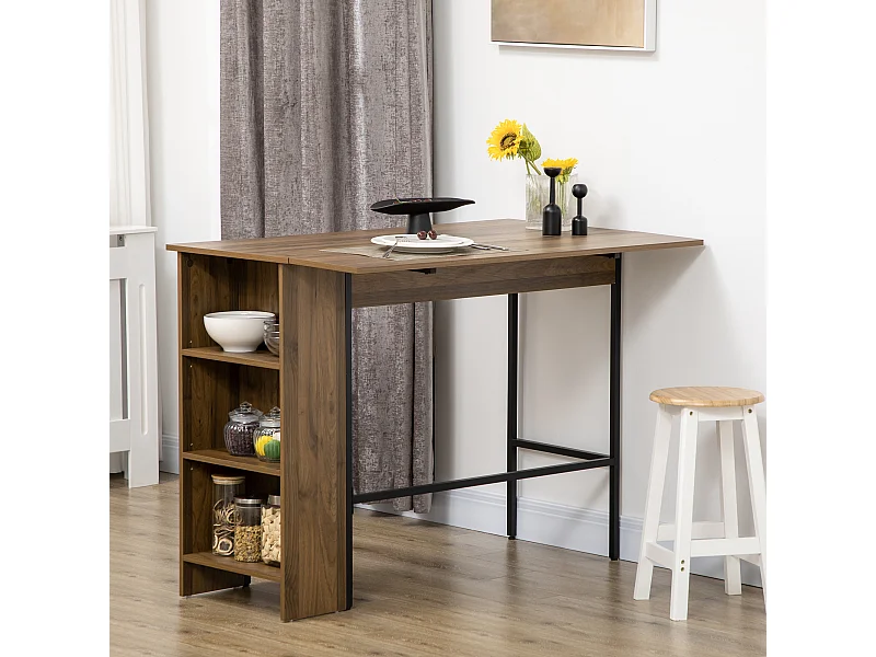 Table de bar extensible design industriel - 3 étagères intégrées - châssis métal noir aspect bois de noyer