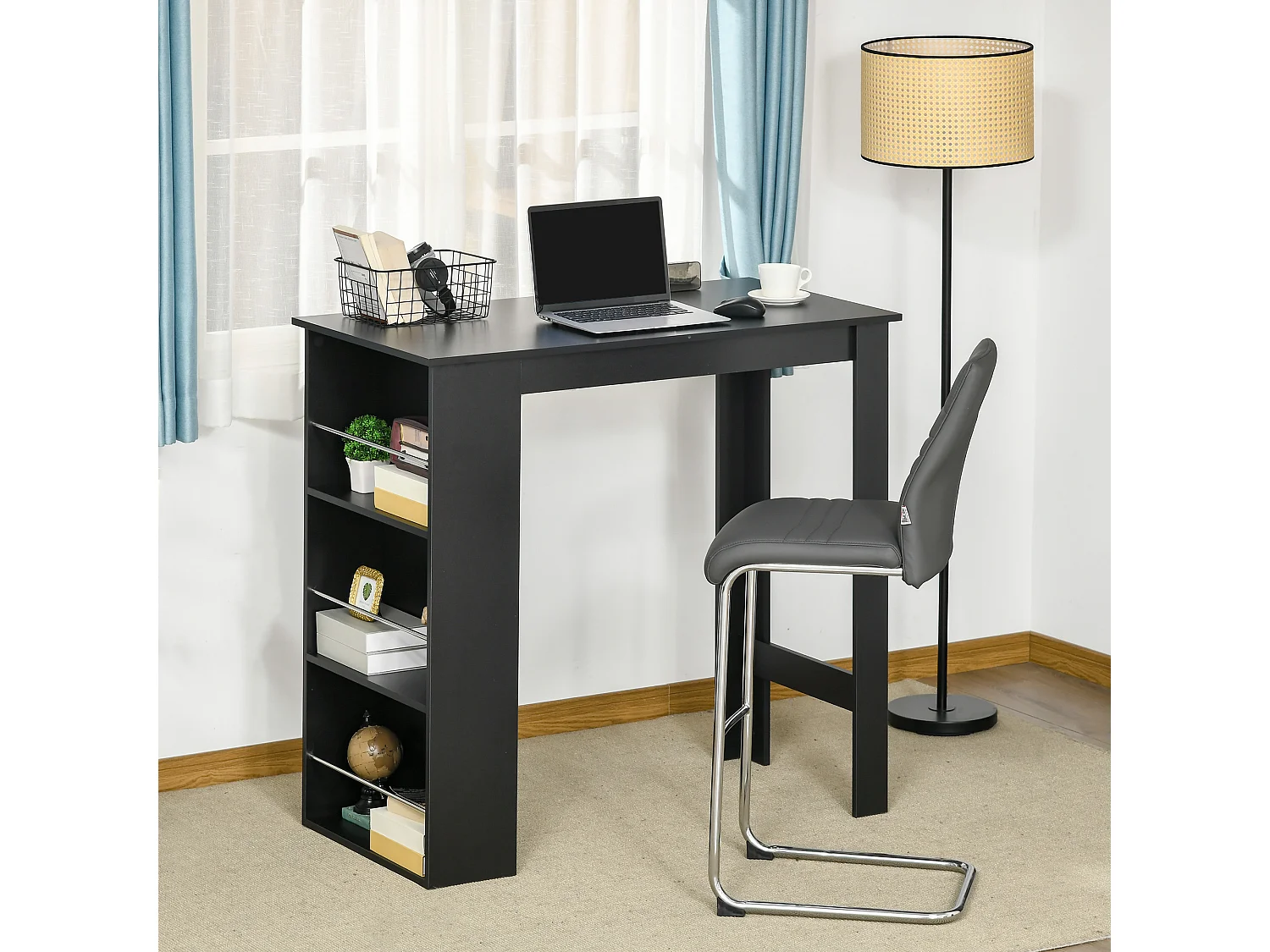 Table de bar table haute de cuisine mange-debout comptoir - 3 étagères - aspect bois noir