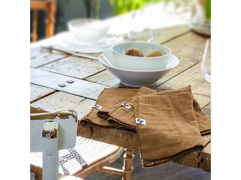 Lot de 6 serviettes 40 x 40 cm en double gaze de coton camel - PEPA