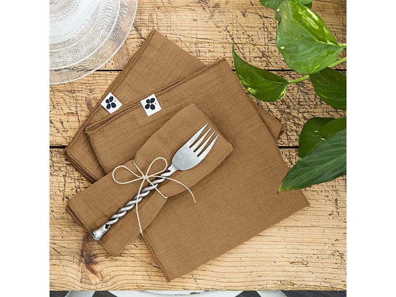 Lot de 6 serviettes 40 x 40 cm en double gaze de coton camel - PEPA