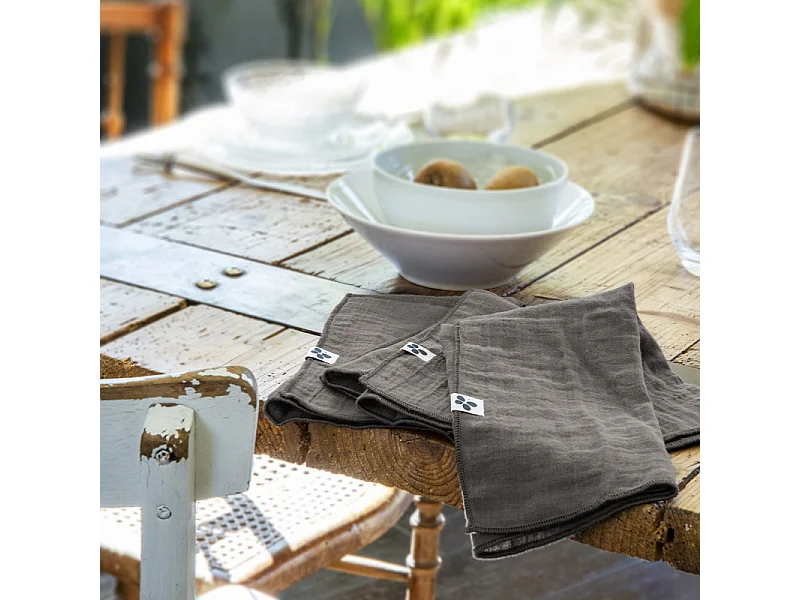 Lot de 6 serviettes 40 x 40 cm en double gaze de coton gris - PEPA