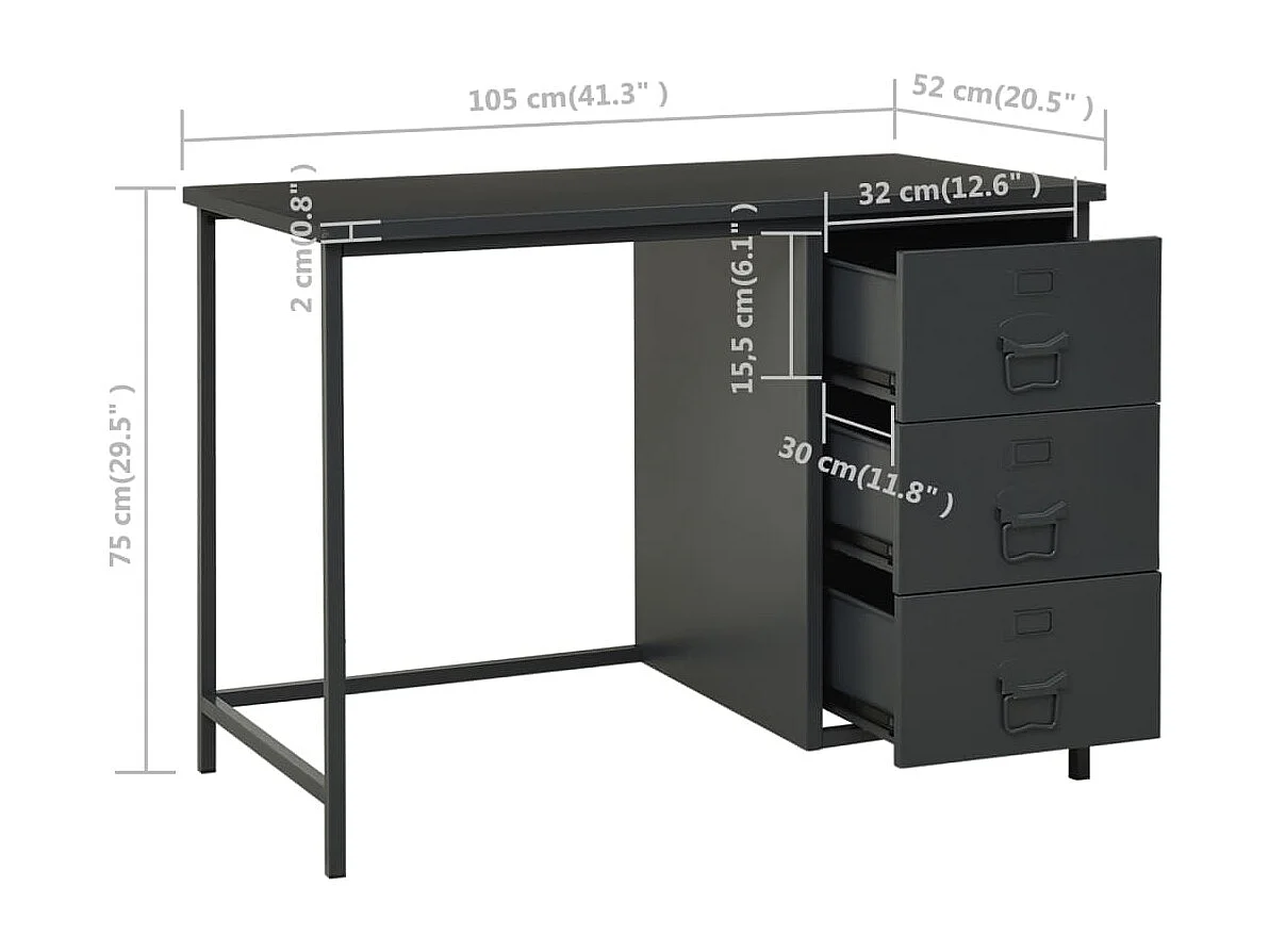 Bureau industriel avec tiroirs Anthracite 105x52x75 cm Acier