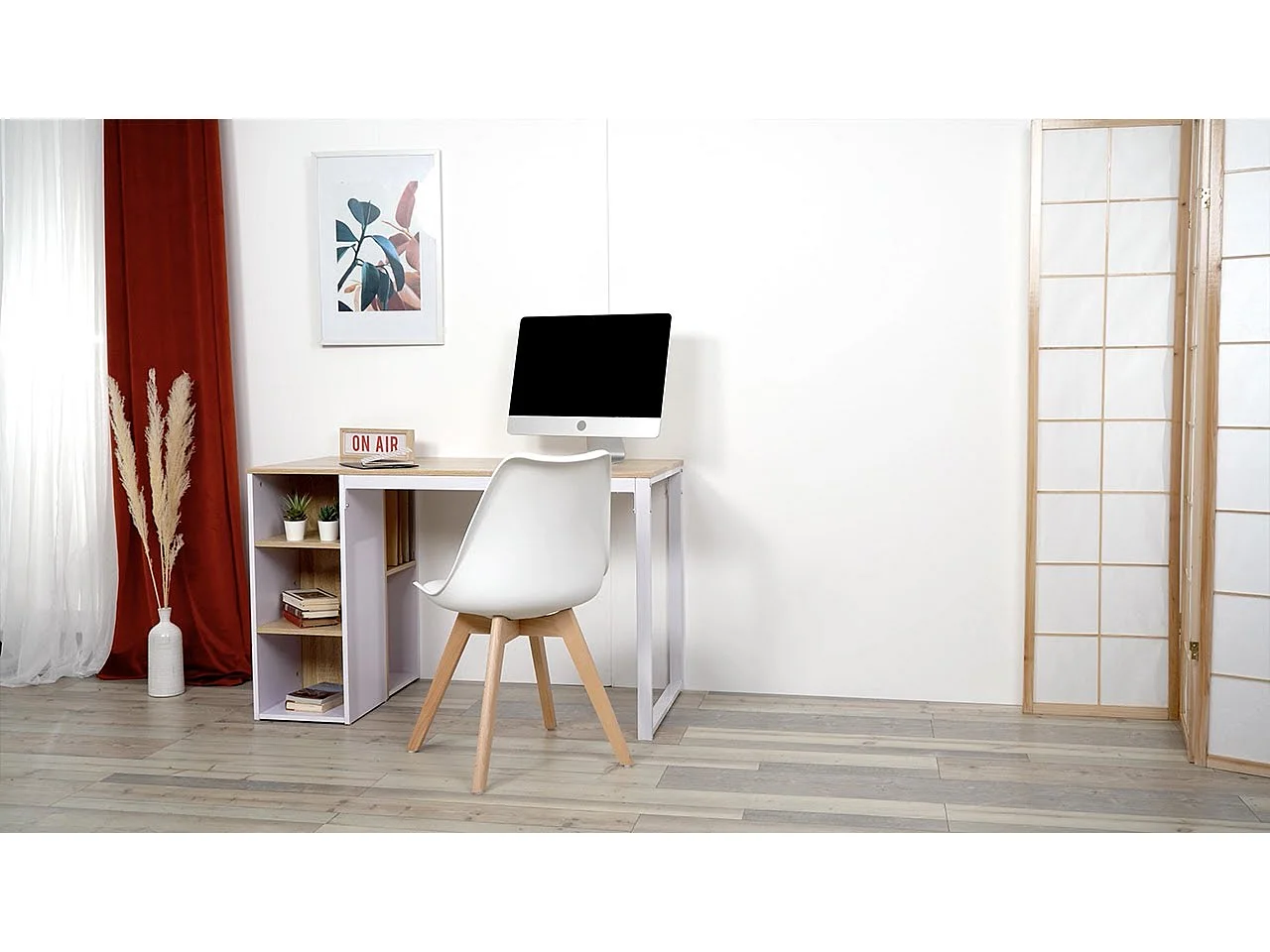 URBAN MEUBLE Bureau avec étagères intégrées en bois et métal blanc