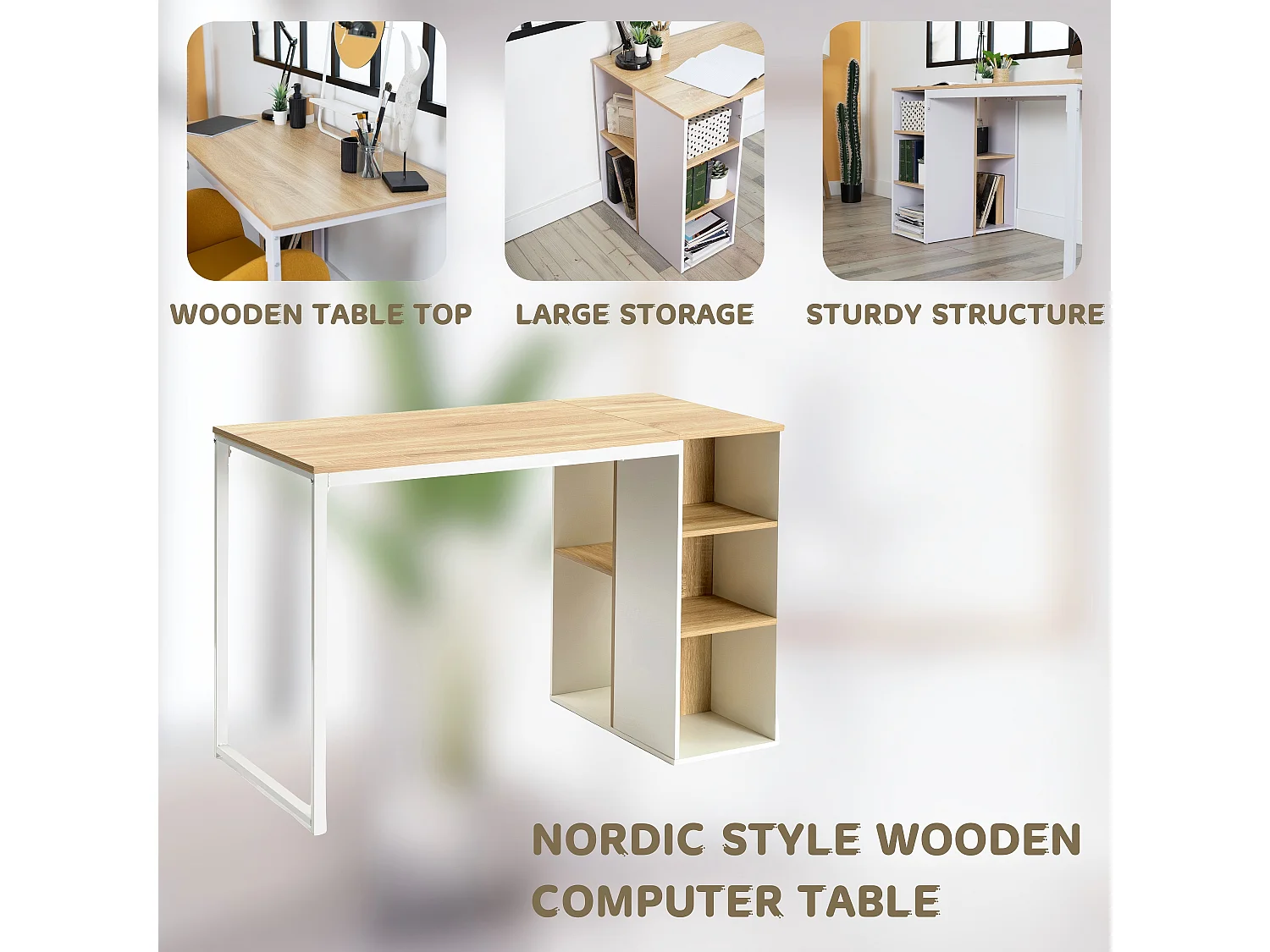 URBAN MEUBLE Bureau avec étagères intégrées en bois et métal blanc
