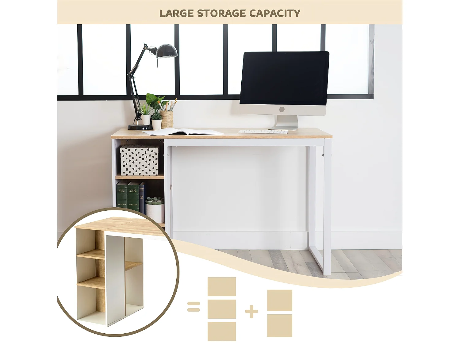 URBAN MEUBLE Bureau avec étagères intégrées en bois et métal blanc