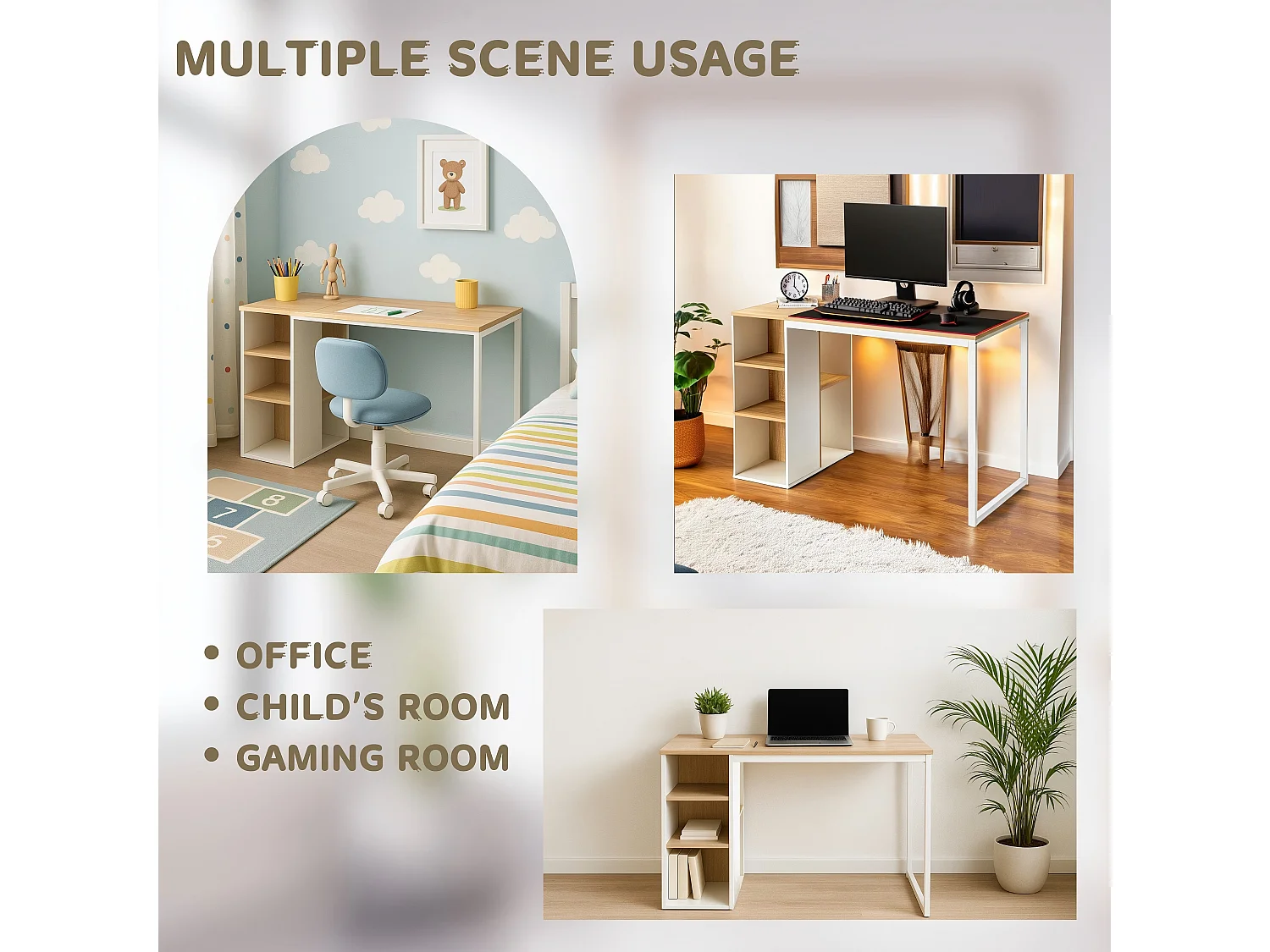 URBAN MEUBLE Bureau avec étagères intégrées en bois et métal blanc