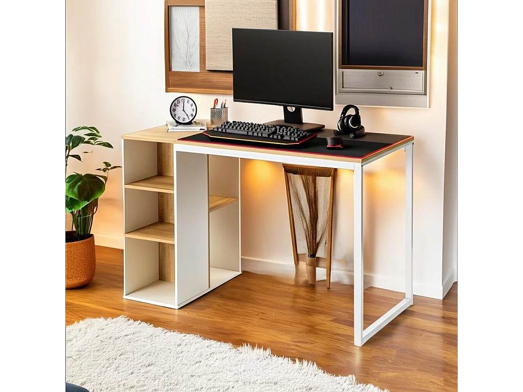 URBAN MEUBLE Bureau avec étagères intégrées en bois et métal blanc