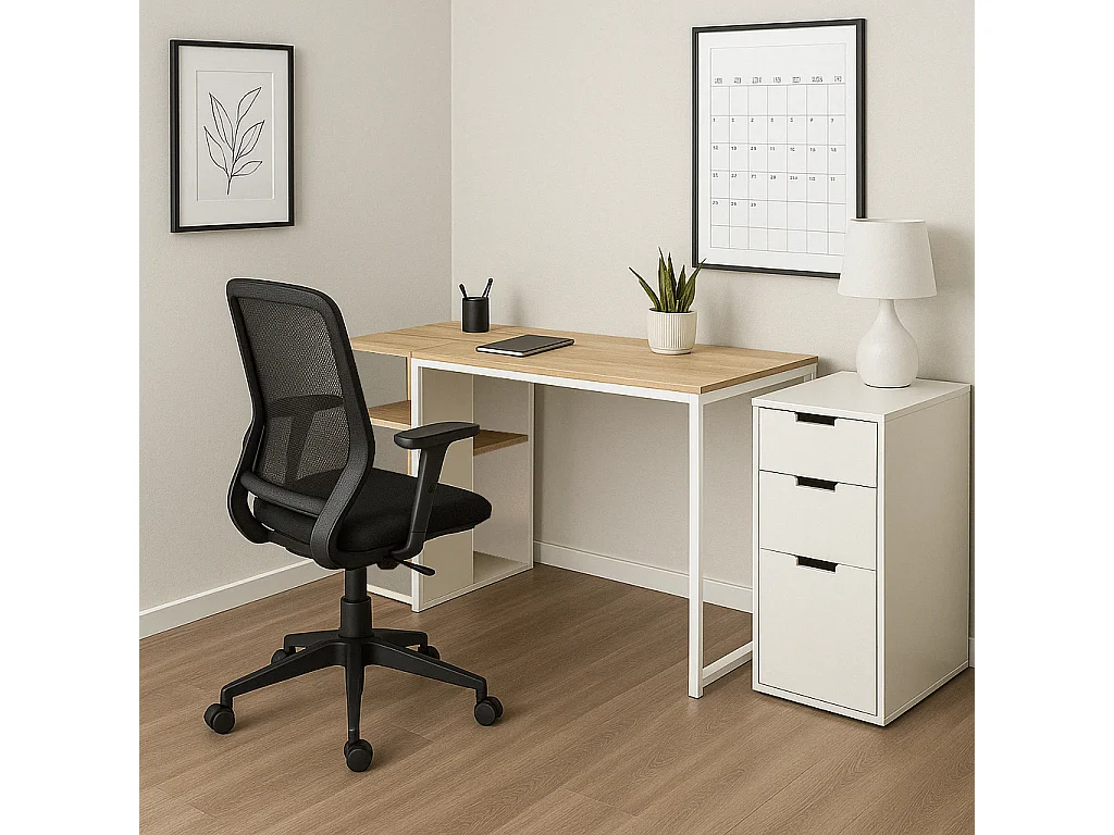 URBAN MEUBLE Bureau avec étagères intégrées en bois et métal blanc