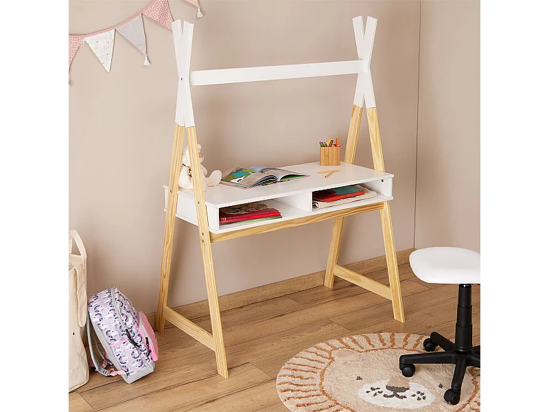 Bureau enfant SIMI petit bureau en forme de tipi de type Montessori, avec 2 niches, en pin massif naturel et blanc