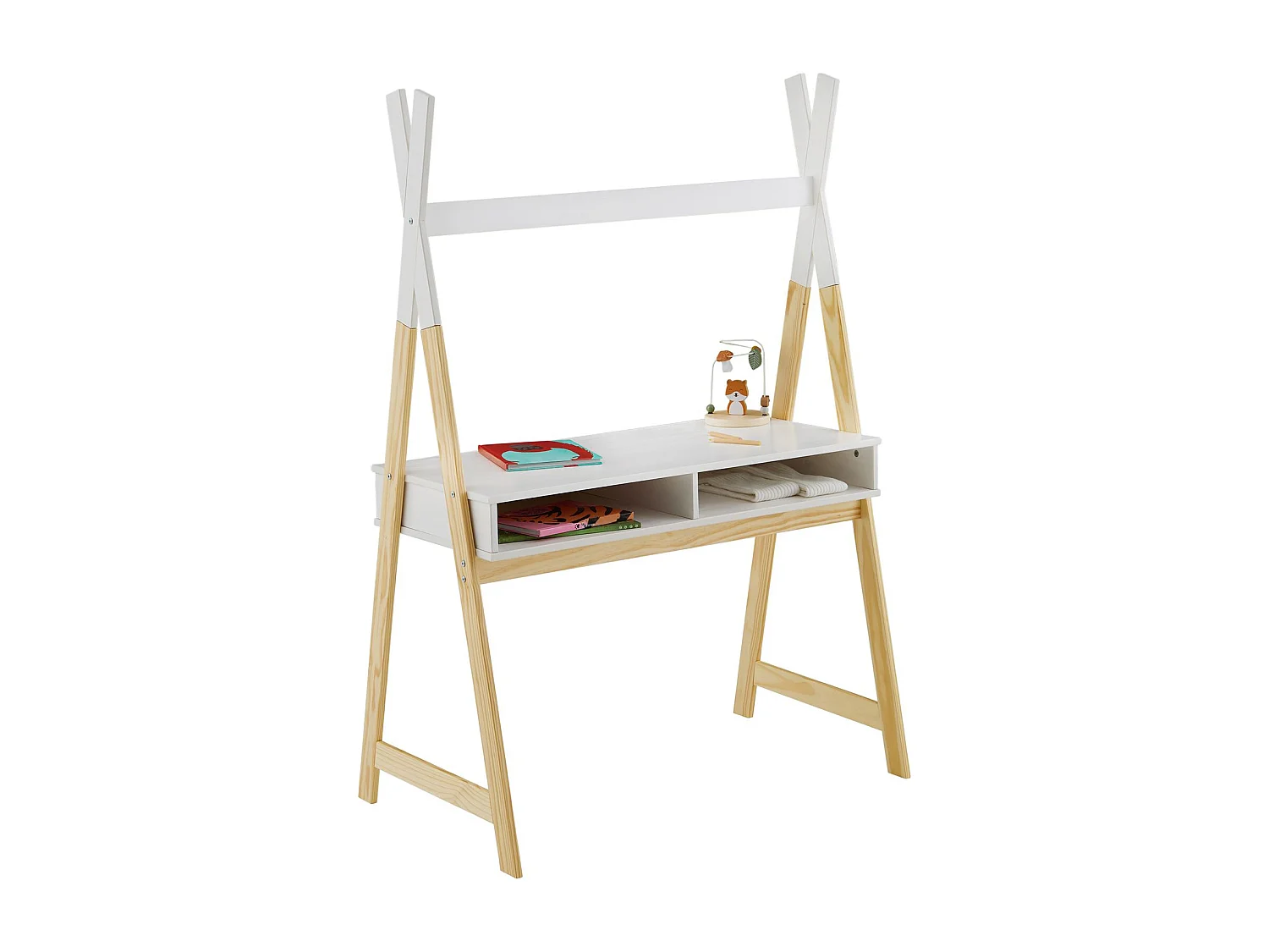 Bureau enfant SIMI petit bureau en forme de tipi de type Montessori, avec 2 niches, en pin massif naturel et blanc